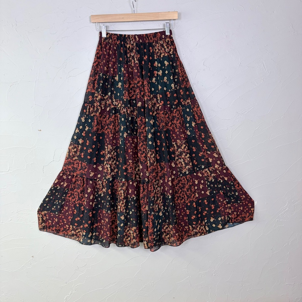 Nashalyly Boho Patchwork Maxi Skirt Womens Small Ditsy Floral Tiered Chiffon